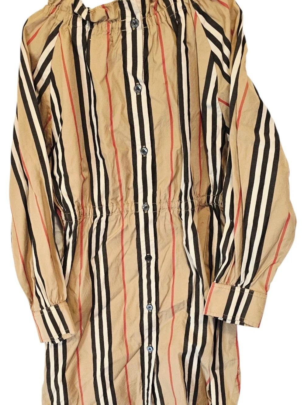 Burberry Beige Striped Button-Front Kids Dress with Black and Red Stripes